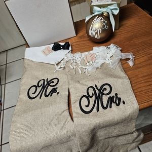 Mr. & Mrs. Bridal Burlap Stockings, Holiday Ornament VIP Gift Package